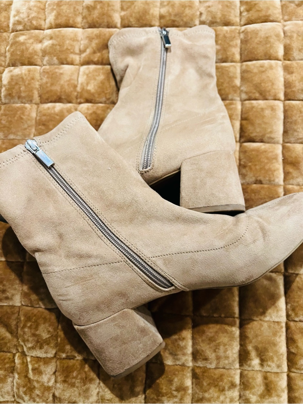 Women's Tan Suede Block Heel Ankle Boots with Side Zip
